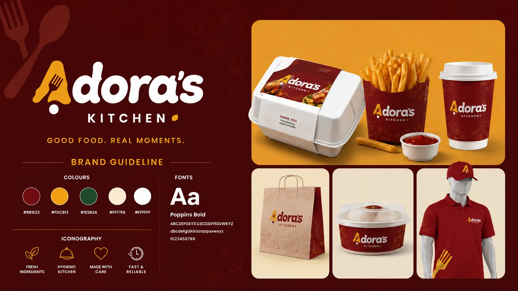 Adora's Kitchen &mdash; A bold brand identity system for a fast-casual food brand built around one promise — “Good Food. Real Moments.”